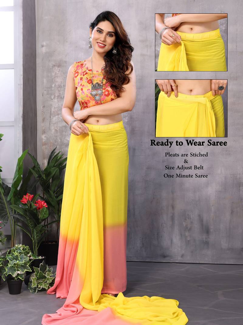 Yellow georgette printed zari work saree with blouse