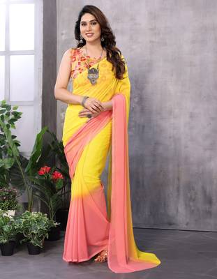 Yellow georgette printed zari work saree with blouse 2