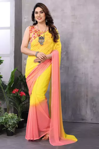 Yellow georgette printed zari work saree with blouse