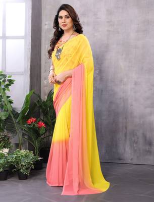 Yellow georgette printed zari work saree with blouse 3