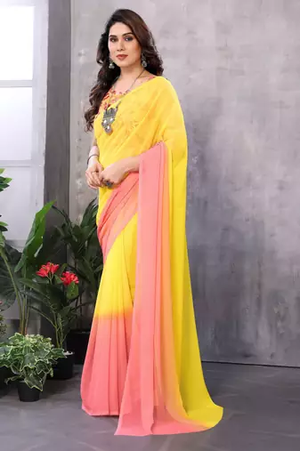 Yellow georgette printed zari work saree with blouse