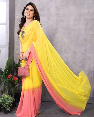 Yellow georgette printed zari work saree with blouse 4