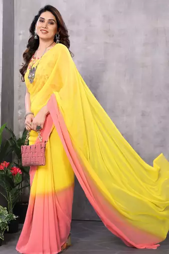 Yellow georgette printed zari work saree with blouse