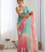 Light blue pink blended cotton embroidered zari work saree with blouse