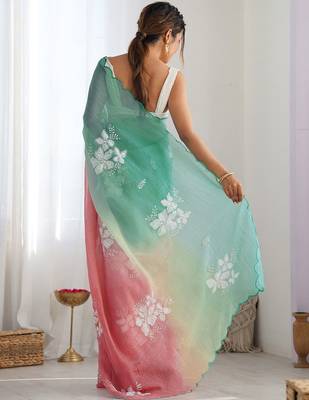 Light blue pink blended cotton embroidered zari work saree with blouse 4