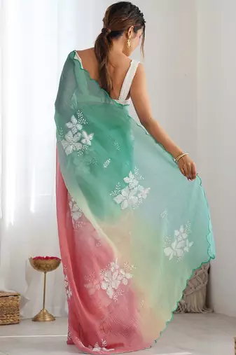 Light blue pink blended cotton embroidered zari work saree with blouse