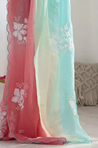 Light blue pink blended cotton embroidered zari work saree with blouse