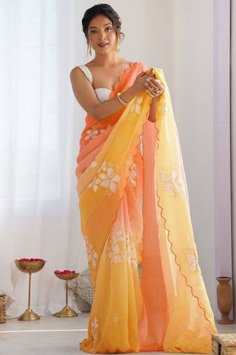 Orange yellow blended cotton embroidered zari work saree with blouse