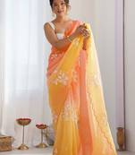 Orange yellow blended cotton embroidered zari work saree with blouse