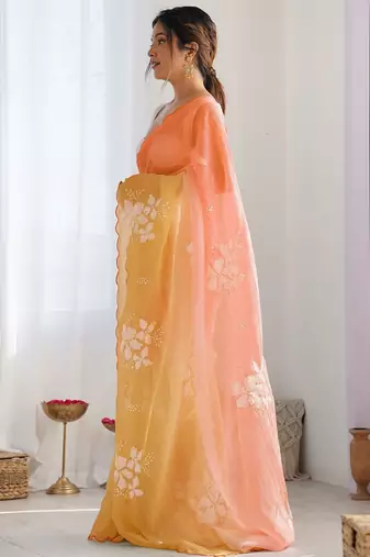 Orange yellow blended cotton embroidered zari work saree with blouse