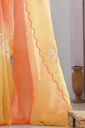 Orange yellow blended cotton embroidered zari work saree with blouse