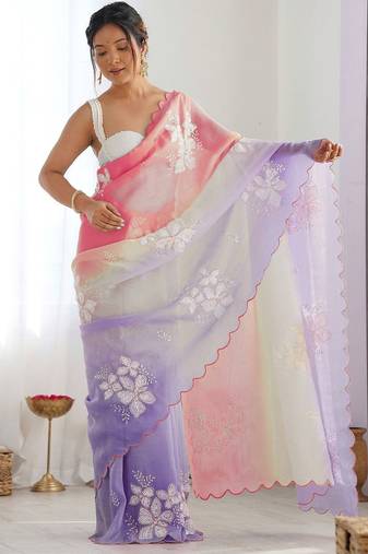 Pink purple blended cotton embroidered zari work saree with blouse