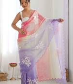 Pink purple blended cotton embroidered zari work saree with blouse