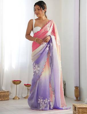 Pink purple blended cotton embroidered zari work saree with blouse 3