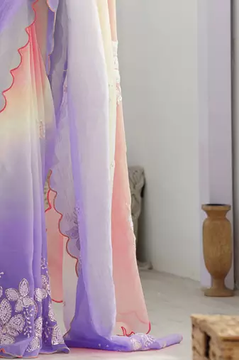 Pink purple blended cotton embroidered zari work saree with blouse