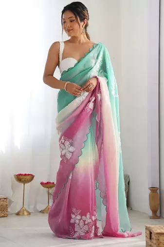 Light green purple blended cotton embroidered zari work saree with blouse