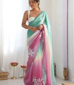 Light green purple blended cotton embroidered zari work saree with blouse