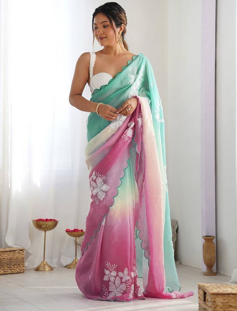 Light green purple blended cotton embroidered zari work saree with blouse