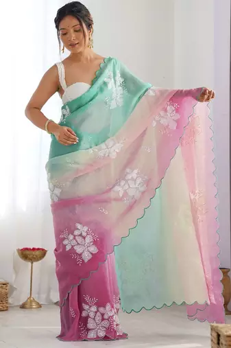 Light green purple blended cotton embroidered zari work saree with blouse