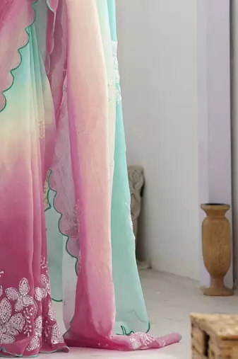 Light green purple blended cotton embroidered zari work saree with blouse