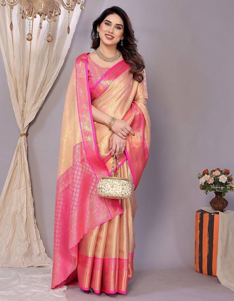 Pink tissue woven zari work saree with blouse