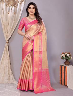 Pink tissue woven zari work saree with blouse 3