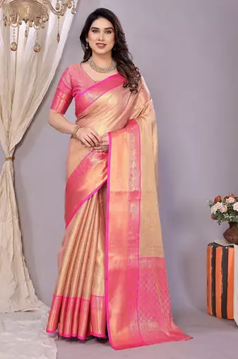 Pink tissue woven zari work saree with blouse