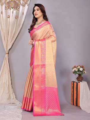 Pink tissue woven zari work saree with blouse 4