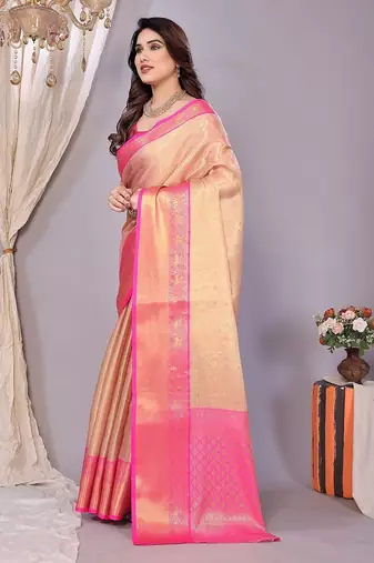 Pink tissue woven zari work saree with blouse