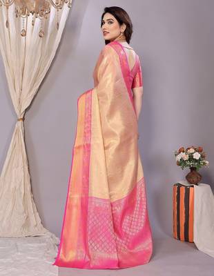 Pink tissue woven zari work saree with blouse 5