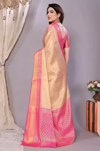 Pink tissue woven zari work saree with blouse