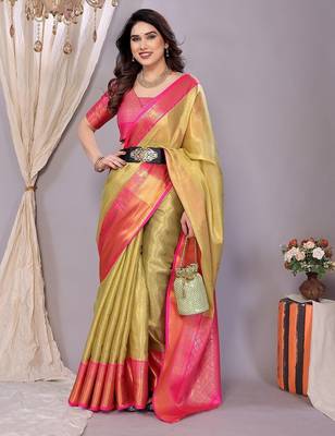 Dark green tissue woven zari work saree with blouse 2