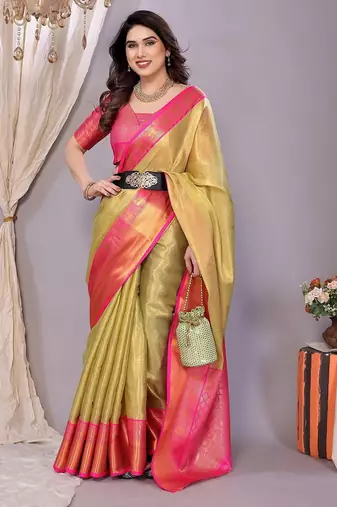 Dark green tissue woven zari work saree with blouse