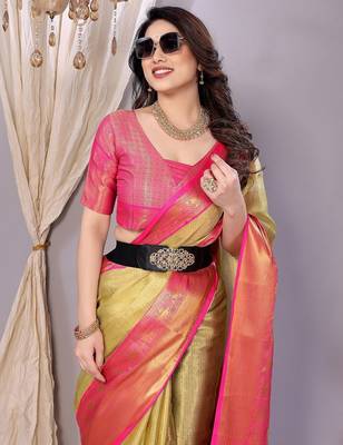 Dark green tissue woven zari work saree with blouse 3