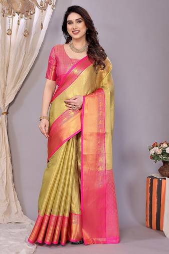 Dark green tissue woven zari work saree with blouse