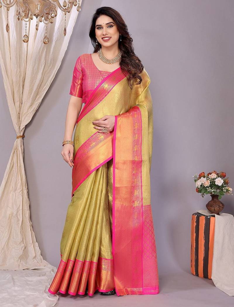 Dark green tissue woven zari work saree with blouse
