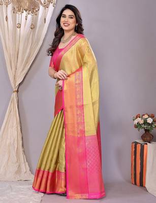 Dark green tissue woven zari work saree with blouse 4