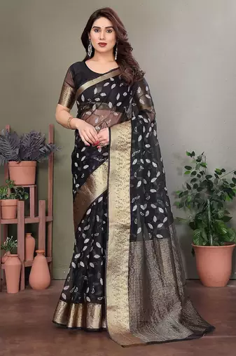 Black organza woven zari work saree with blouse