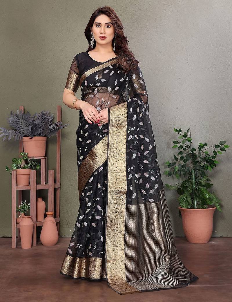 Black organza woven zari work saree with blouse