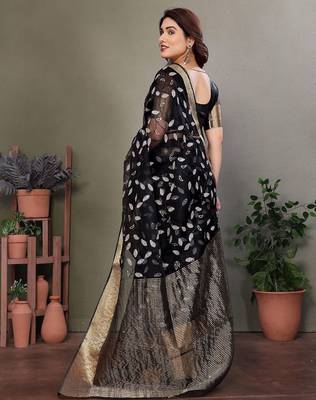 Black organza woven zari work saree with blouse 2