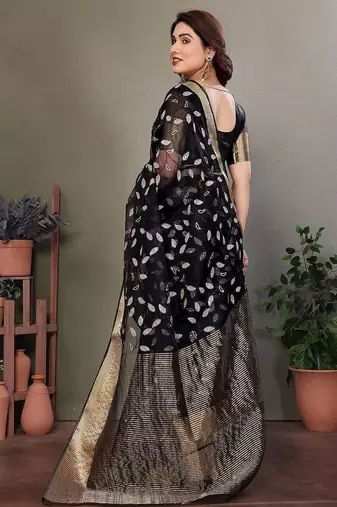 Black organza woven zari work saree with blouse