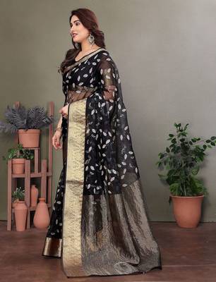 Black organza woven zari work saree with blouse 3
