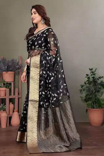 Black organza woven zari work saree with blouse