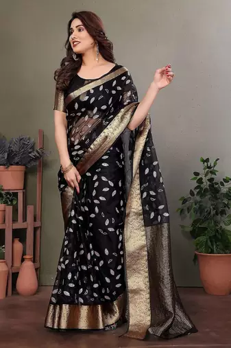 Black organza woven zari work saree with blouse