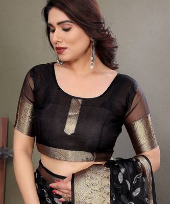 Black organza woven zari work saree with blouse 5