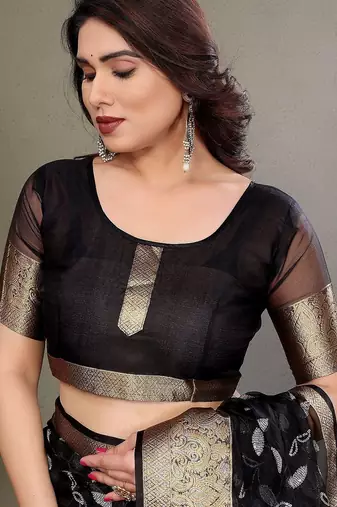 Black organza woven zari work saree with blouse