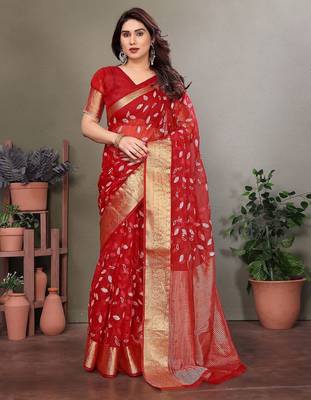 Red organza woven zari work saree with blouse 1