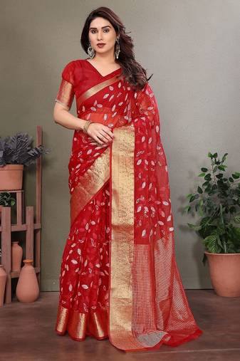 Red organza woven zari work saree with blouse
