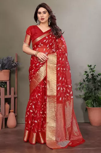 Red organza woven zari work saree with blouse