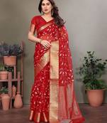 Red organza woven zari work saree with blouse